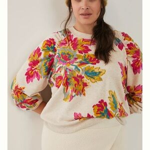 Anthropologie Cream Sweatshirt with Pink, Yellow & Teal Floral Print